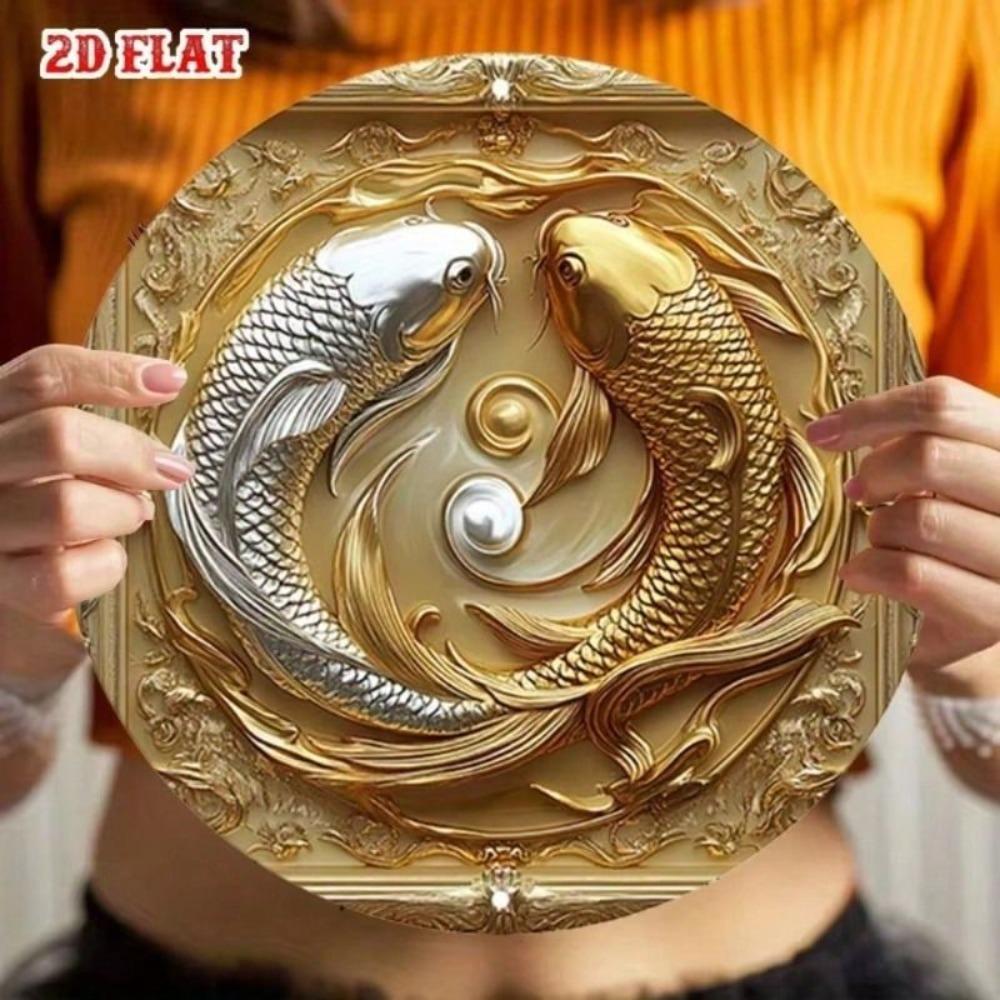 Vintage Metal Tin Sign Round Fish Wall Art Decor for Living Room