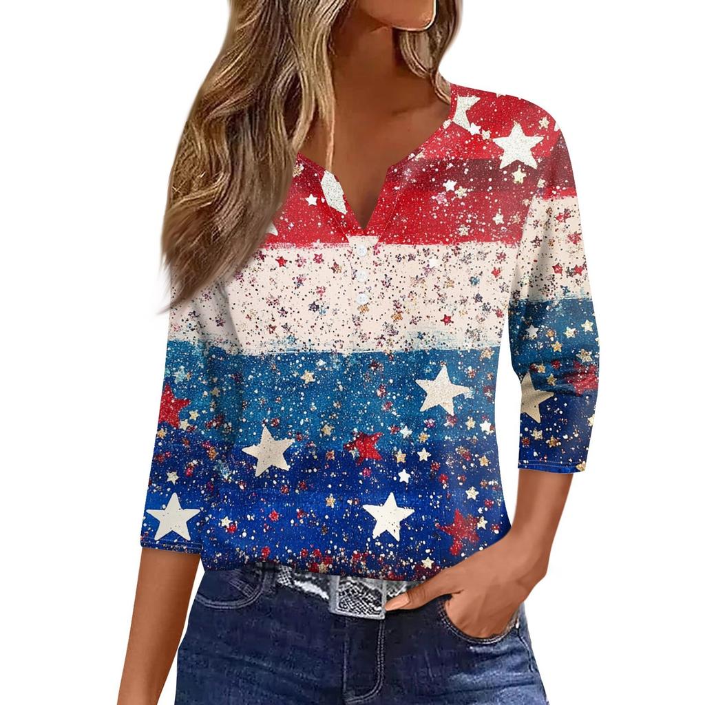 Dam T-shirt Tee Självständighetsdagen Tryckt Knapp 3/4 Ärm Tunika Vardag Helg Mode Grundläggande V-ringning Normal Topp