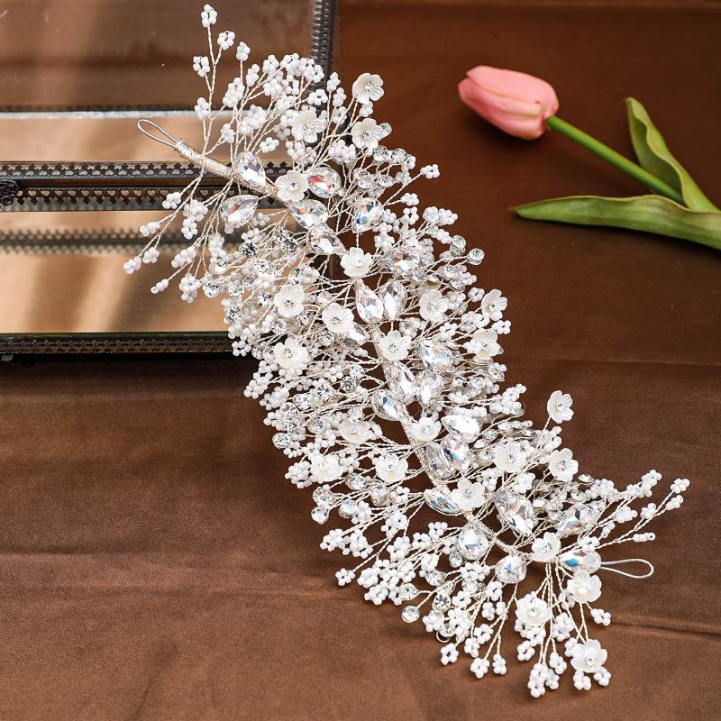 

Bridal headband tiara handmade rhinestone heavy-duty braided seed bead hair accessory head hoop 24*10CM срібний