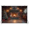Christmas Tree Home Background For Photography Fireplace Wooden House Birthday Cake Backdrop Party Decoration Props Photo Studio