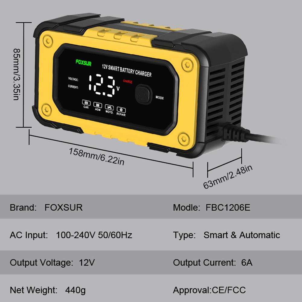Large Display Auto Battery Charger Car Accessories 6A 12V Car Motorcycle Trucks Battery Charging Device US/EU Plug Car Charger