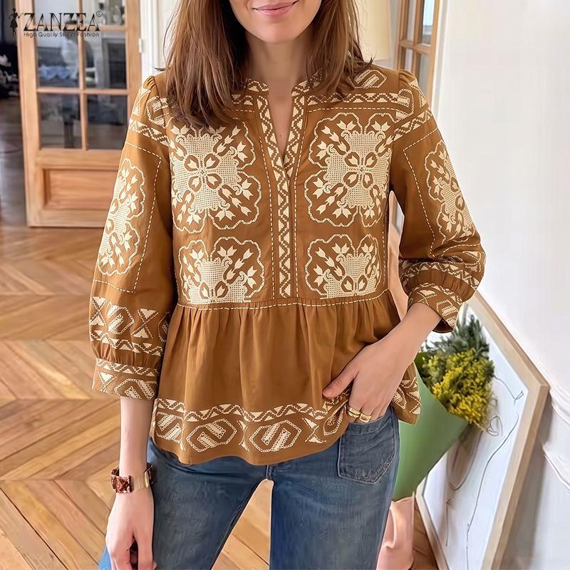 ZANZEA Women Bohemian Print Casual V-Neck 3/4 Sleeve Loose Blouse