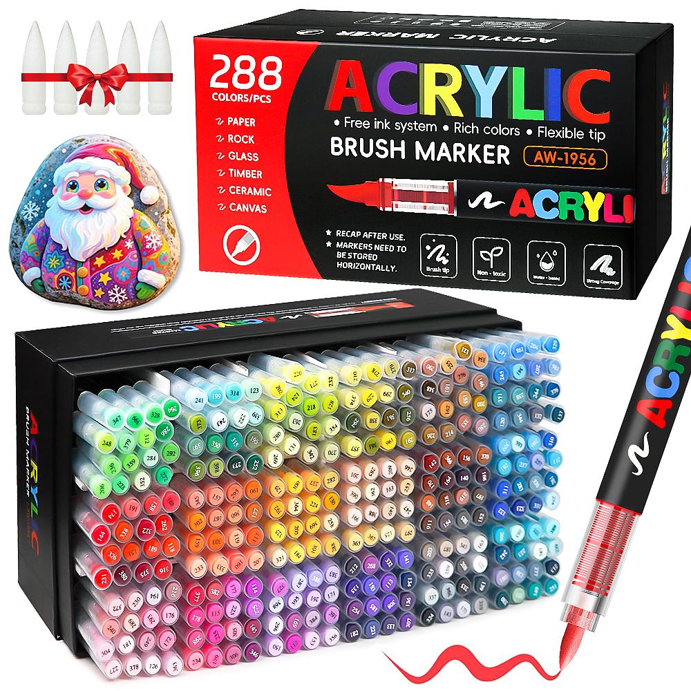 Professional Art Use 12-288 Colors Acrylic Paint Pen Marker Brush Tip Paint Marker For Painting Wood Calligraphy Christmas Gift