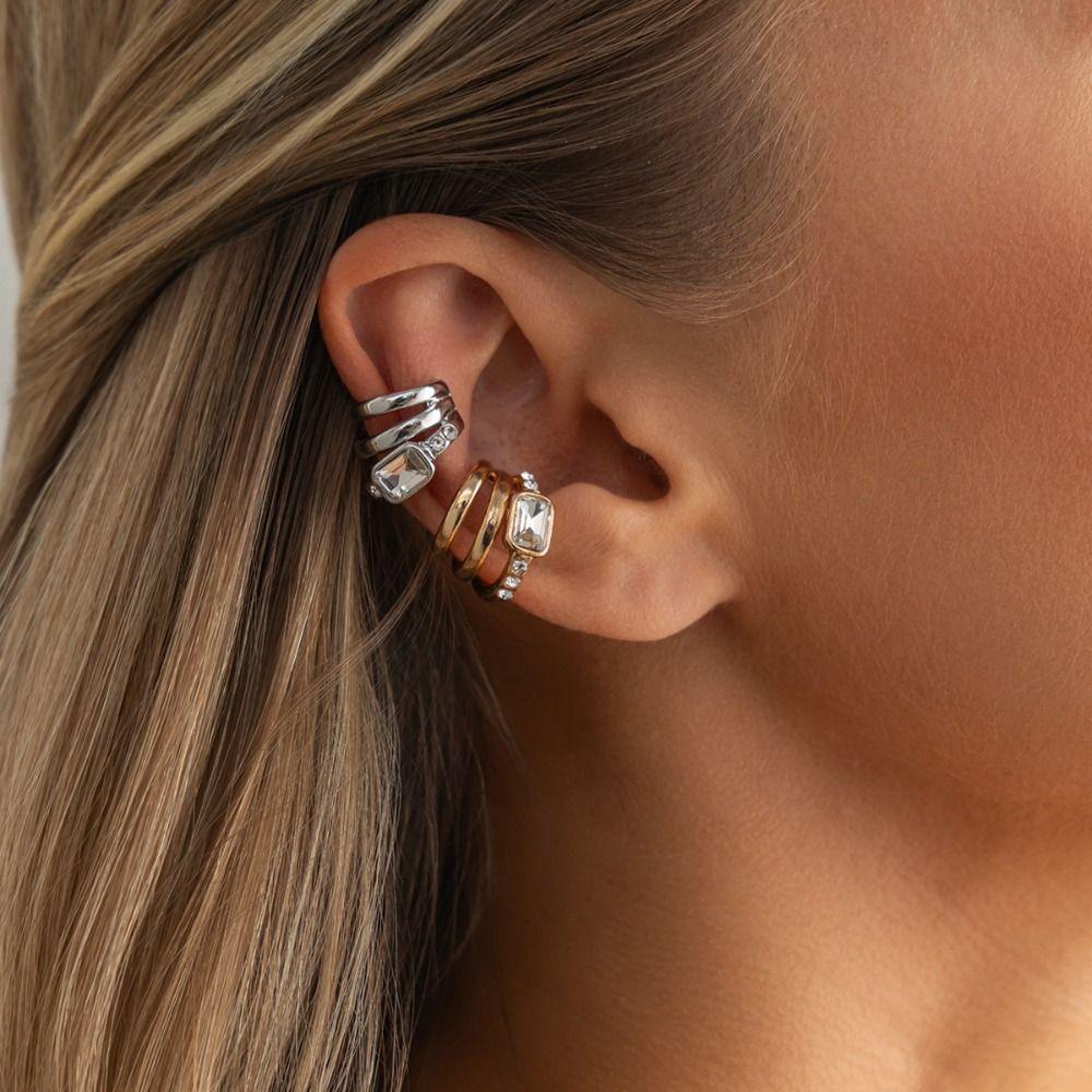 Silver Triple Ring Clip Multi-Layer Square Zircon Stud Earrings Hip Hop Ear Buckle Party