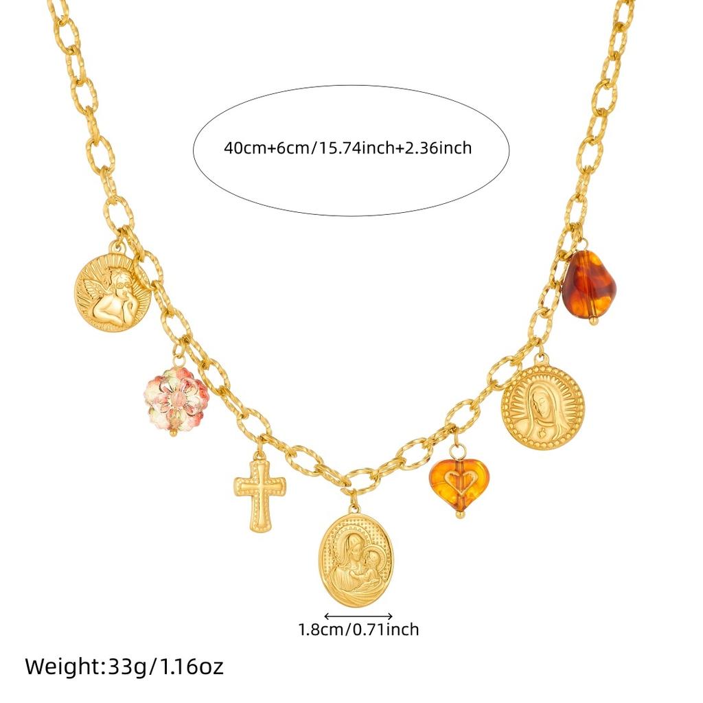 DIEYURO 316l Stainless Steel Vintage Portrait Angel Cross Flower Heart Charm Necklace Bracelet Set Lady Fashion Jewelry Gift
