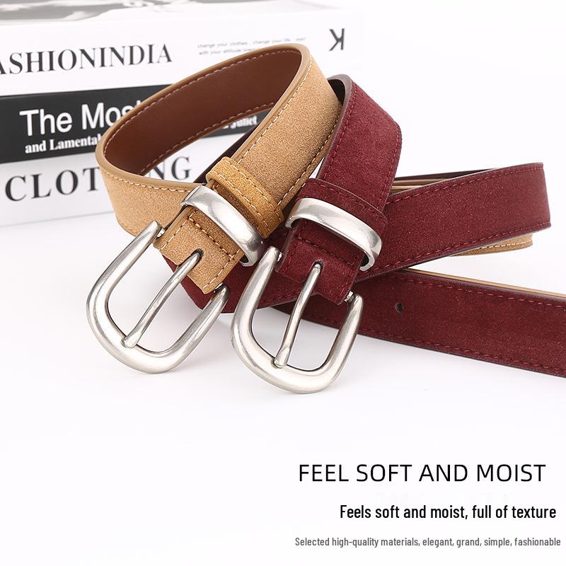 Women's Versatile Suede Leather Belt with Pin Buckle - High-End Light Luxury Fashion Accessory for Jeans