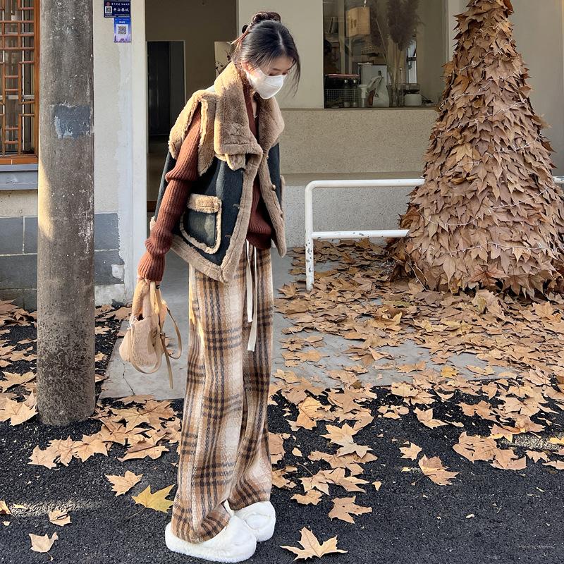 

Жіночі повсякденні прямі брюки в стилі ретро з пухнастою кліткою XL