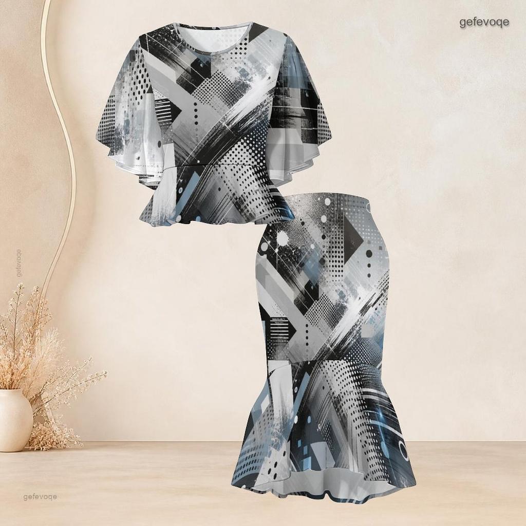 Women Plus Size Round Neck Batwing Sleeve Printed Ruffle Hem Top Fishtail Skirt Two Piece Set