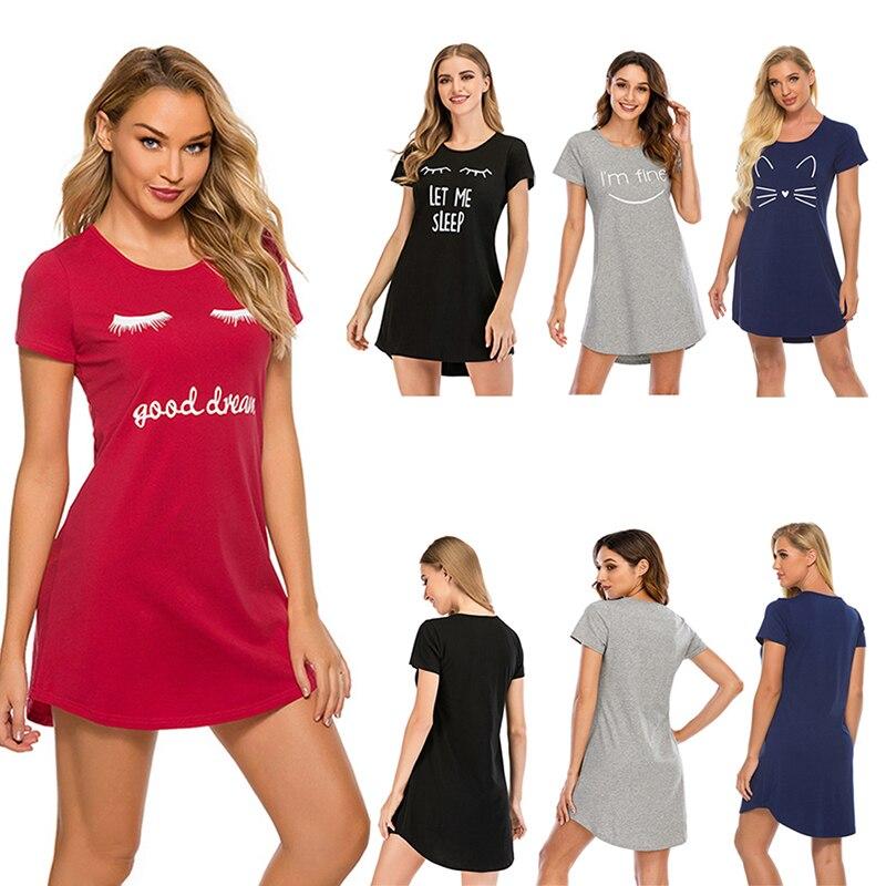 Ladies Solid Color Cute Cotton Nightdress Casual Plus Size Cartoon Nightdress Sexy O-Neck Short Sleeve Homewear for Summer