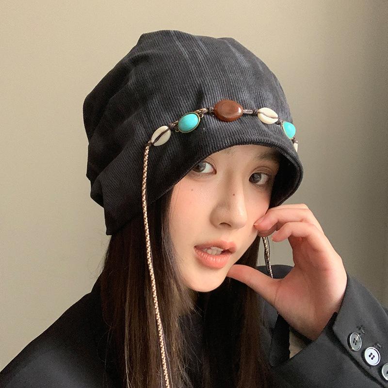 Women'S Autumn/Winter Loose Fit Turban Hat Ethnic Tie-Dye Headwrap Beanie With Beaded Tassel Decor