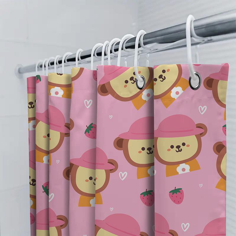 Bear Pattern Shower Curtain Waterproof Decorative Bathroom Liner For Kids Bathrooms Pink Strawberry Design