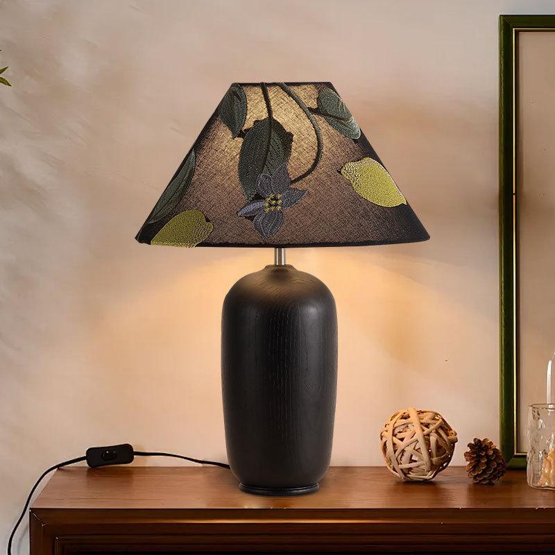 French Retro Mid-Century Wood Bedroom Lamp, Wabi-Sabi Style with Fabric Shade