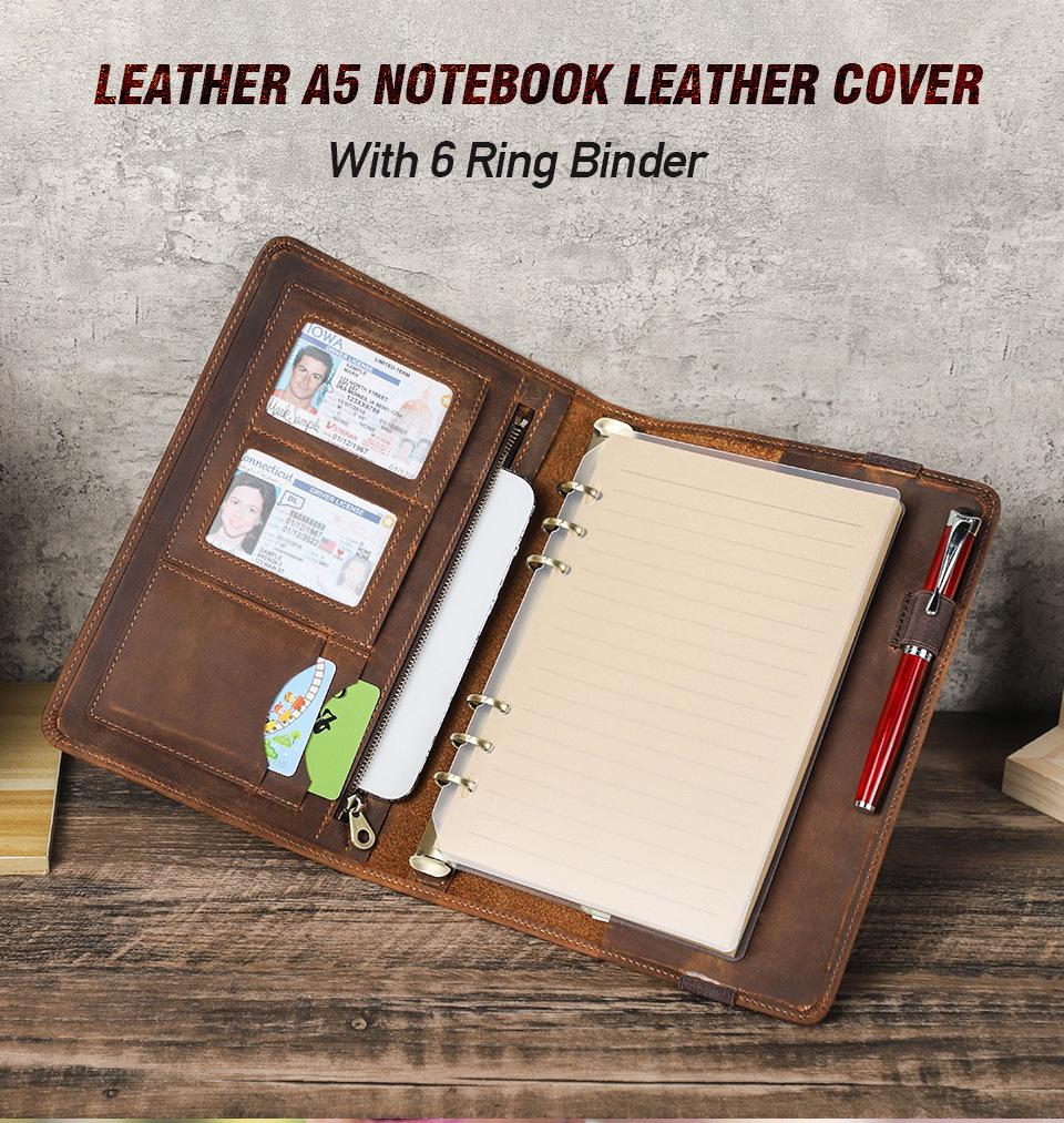 A5 Crazy Horse Leather 6-Hole Binder Notebook Cover for Study & Office, Multifunctional Genuine Leather Journal Cover