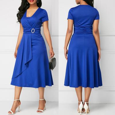 Vestido Midi Festa Plus Size Feminino Manga Curta Decote V Bainha Assimétrica Cintura Ajustada