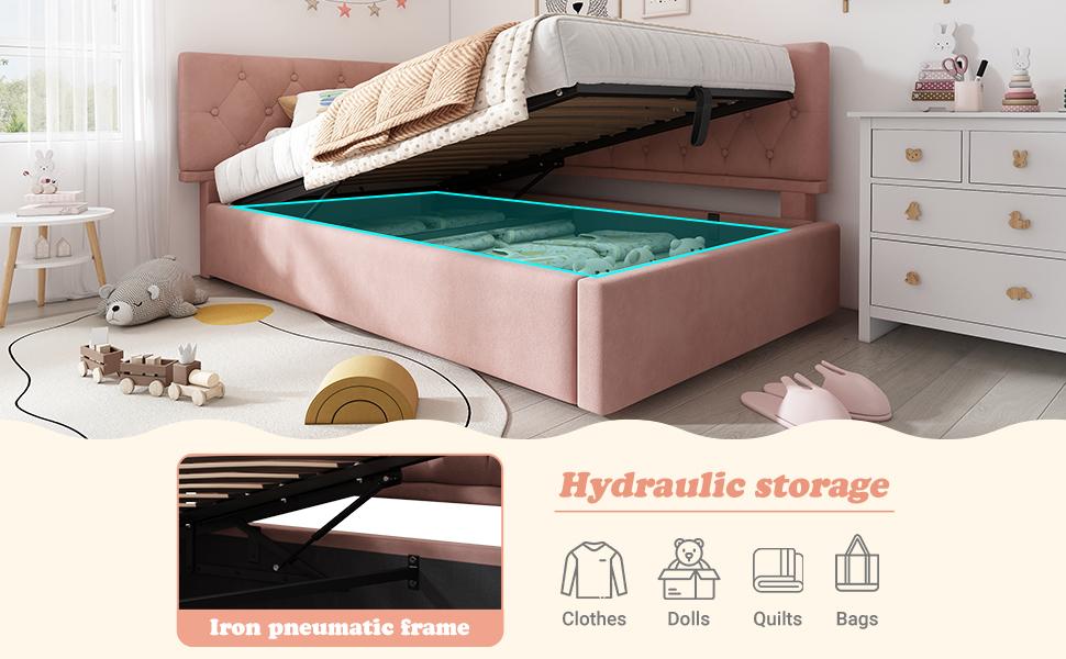 Upholstered Bed Day Bed 90x190cm, Sofa Bed with Hydraulic Storage, Children's Youth Bed Frame with Wooden Slatted Base, Velvet, Pink, without Mattress