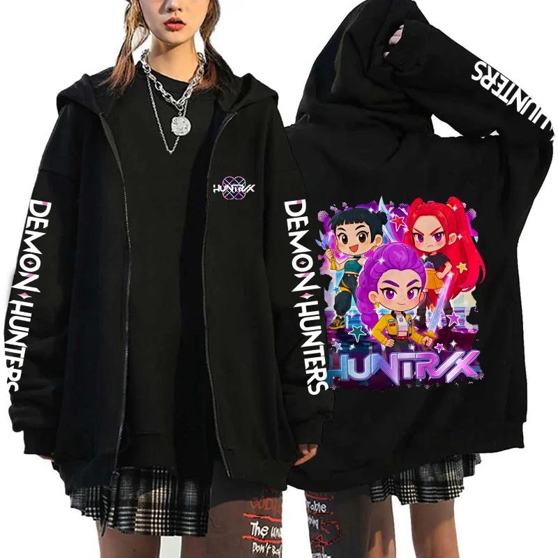 Hot Kpop Demon Hunters Printed Hoodies Hip-hop Zipper Hoodies Autumn Winter Streetwear Sweatshirt Women Men Long Sleeve Zip Coat