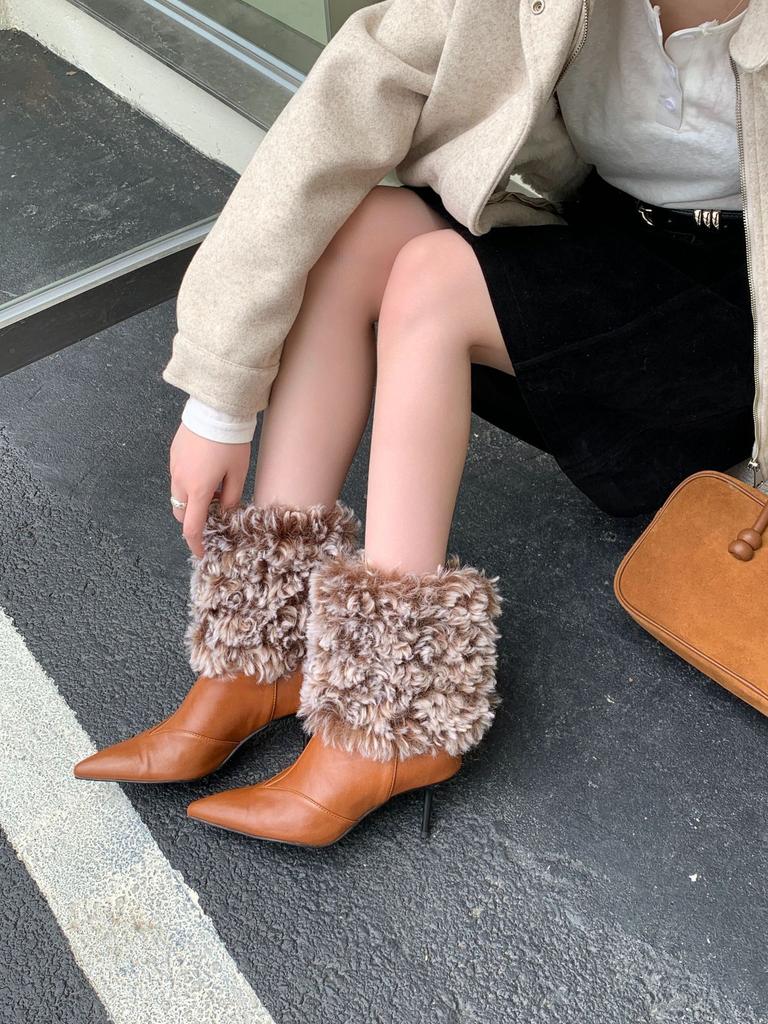 2025 autumn and winter new European and American fluffy high-heeled short boots pointed thin-heeled high-heeled women's boots
