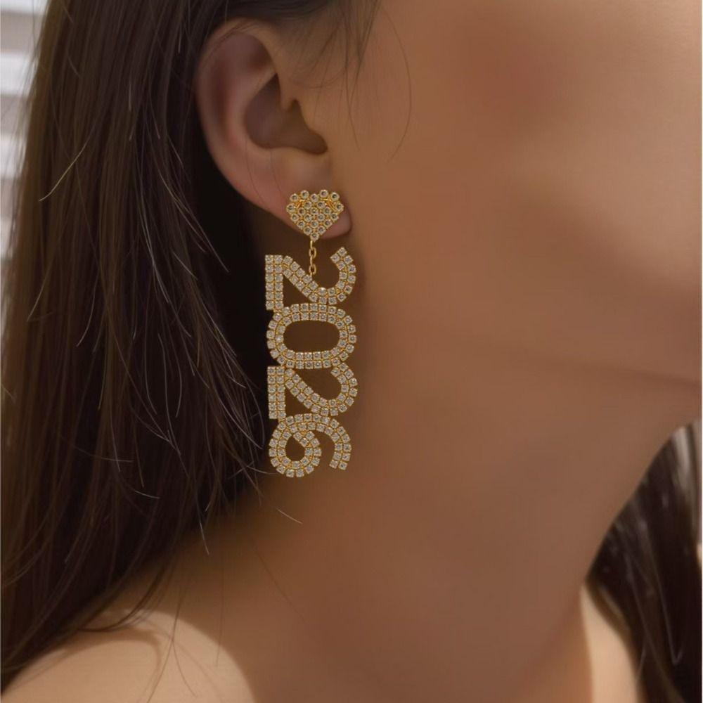 Rhinestone 2026 Stud Earrings Crystal Jewelry Rhinestone Earrings New Year Earrings  Christmas