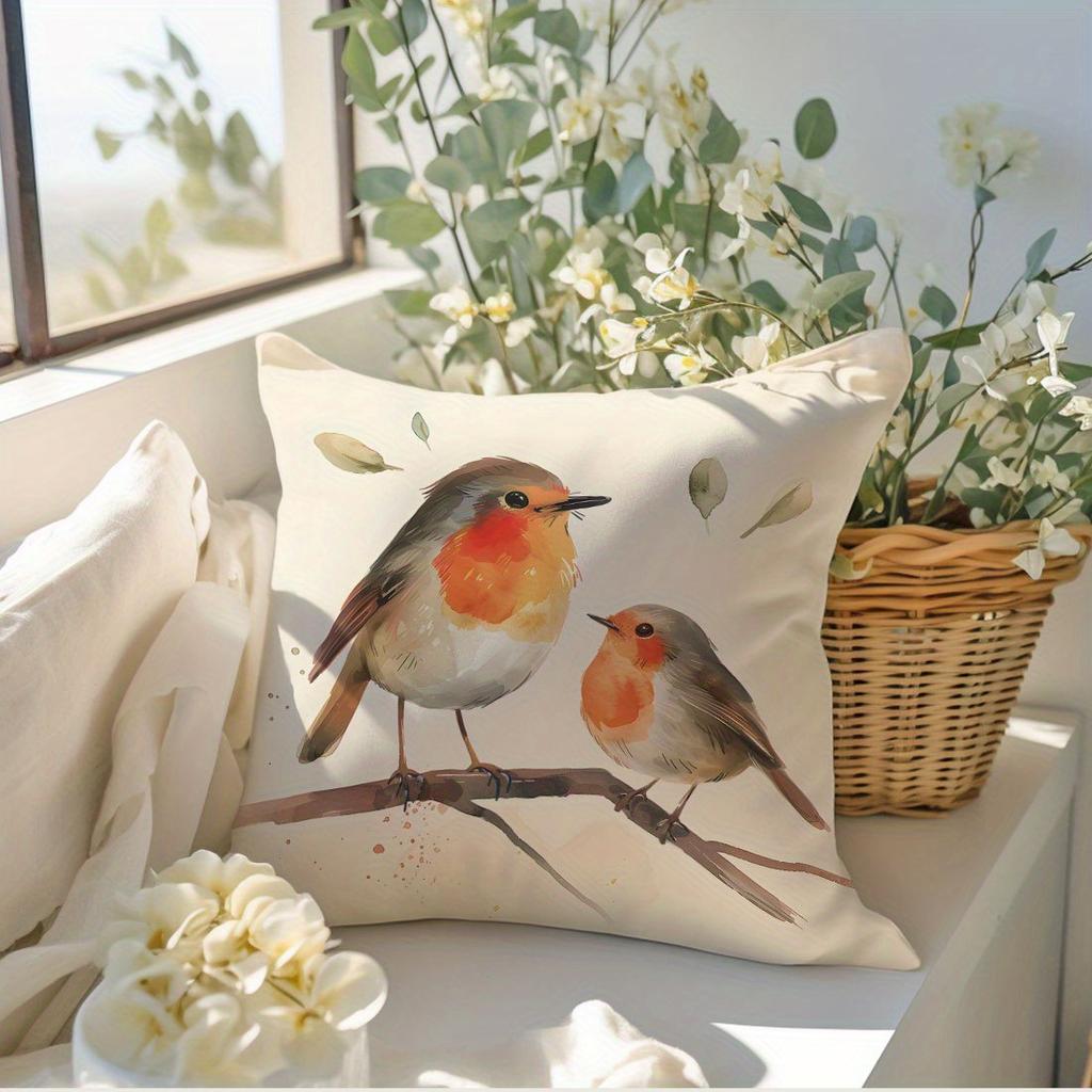 Federa Cuscino in Velluto con Uccellini Carini Morbida Color Pesca Beige Copricuscino Decorativo Stampa su un Lato Per Divano Soggiorno Camera da Letto Arredamento Casa