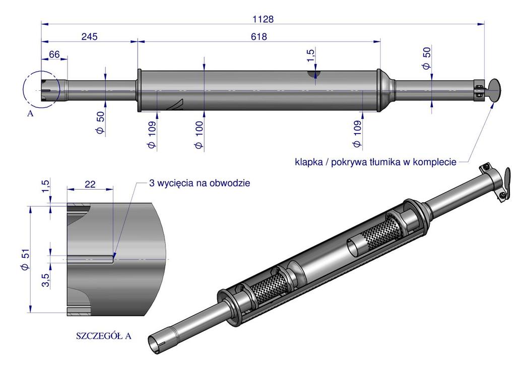 Silencer 1128mm 3029104M1 4.8kg MF3 C-3603P (straight) INOX WARYŃSKI