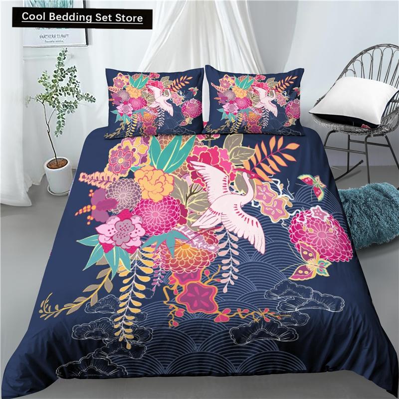 Kranich Gedrucktes Bettwäscheset 3D Rote Japanische Kirschblüten Bettbezug King Queen Größe Floral Wolke 2/3tlg. Polyester Steppdeckenbezug