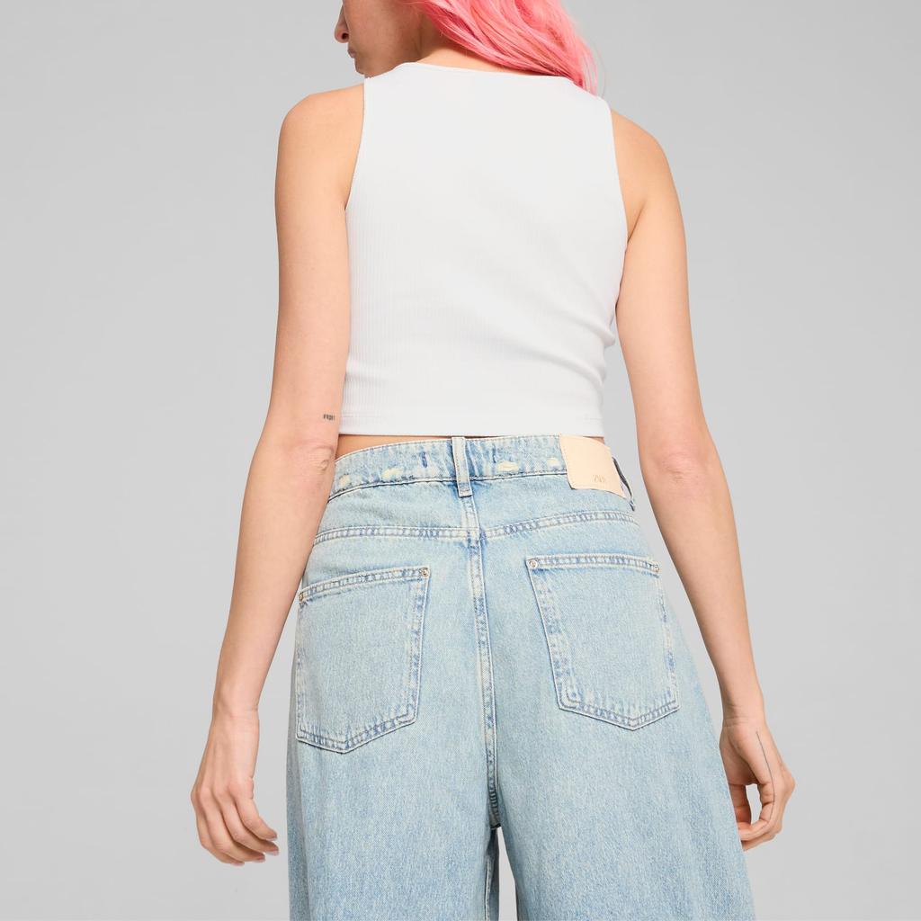 Puma Classics Ribbed Crop Top Solid Color Short Sleeve Round Neck Brand Logo Print Vest Women tops White 626625-02