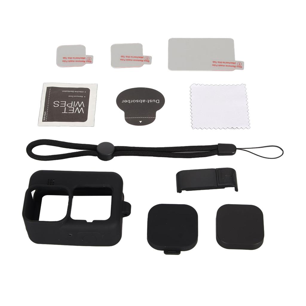 Action Camera Silicone Sleeve Case Tempered Glass Film Lens Cover Charging Side Cover Set Black