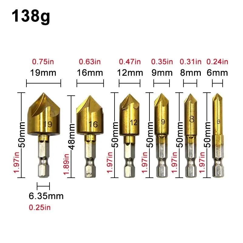 Xiaomi 6PC Hexagonal Handle Titanium Plated Five Edge Chamfering Knife Countersunk Drill 6-19mm Woodworking Spot Facer Tool Set