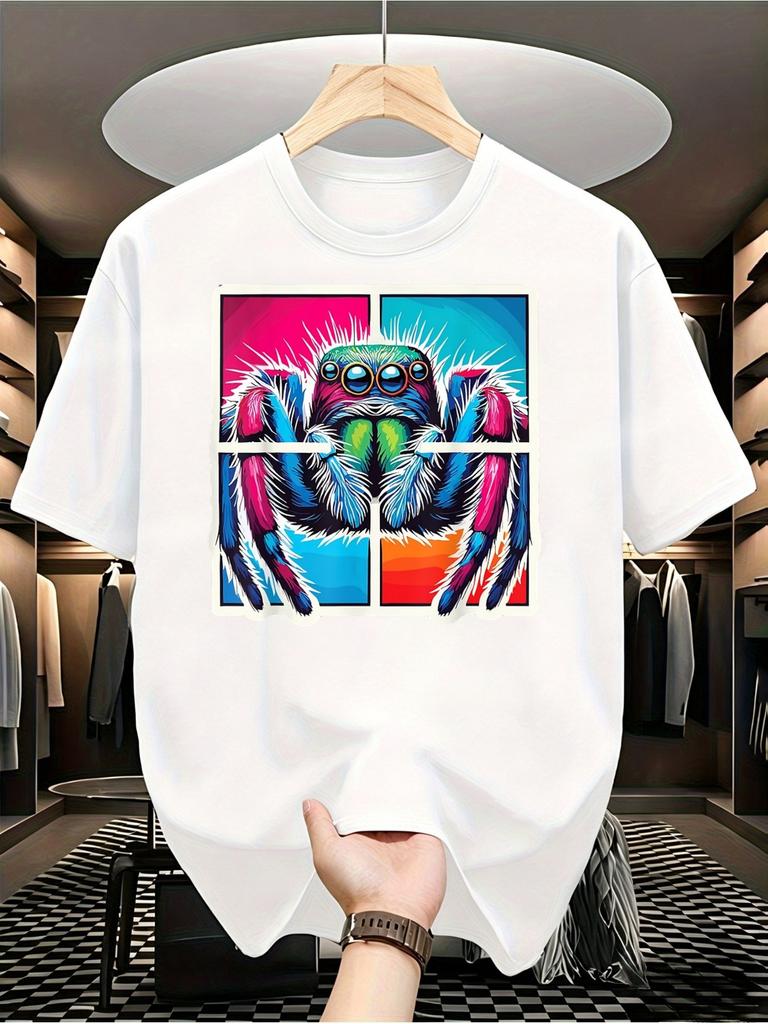 1pc Men'S Graphic T-Shirt Pop Art Style Vibrant Jumping Spider Print Short Sleeve Crew Neck
