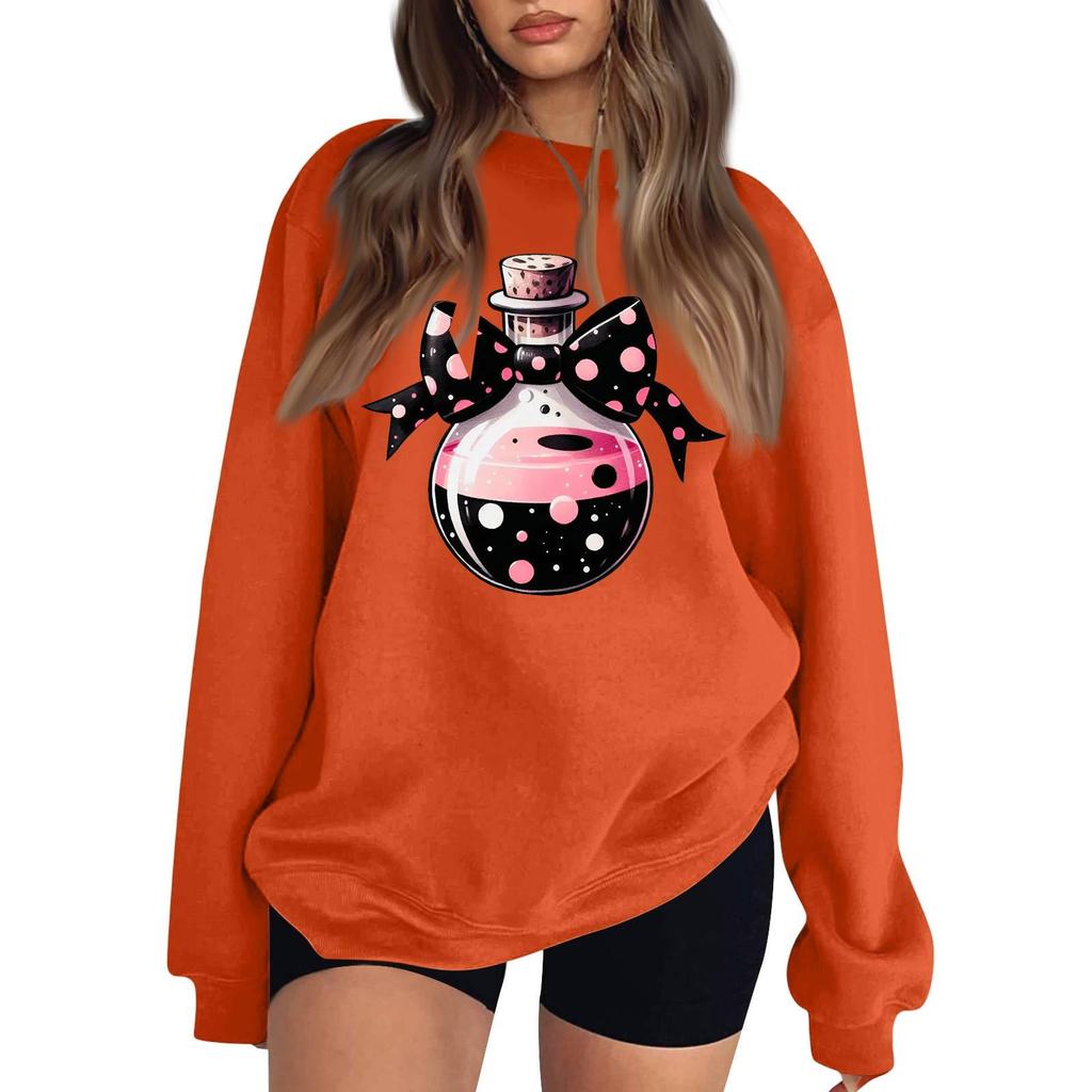 Women's Long Sleeve Neck Sweatshirt Loose Fit Casual Pullover Top with Small Halloween Print