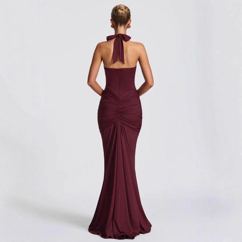 Amazon's New European and American Cross-Border Style Halter Neck Deep V-Neck Long Dress, Elegant and Sexy Backless Ruched Dress