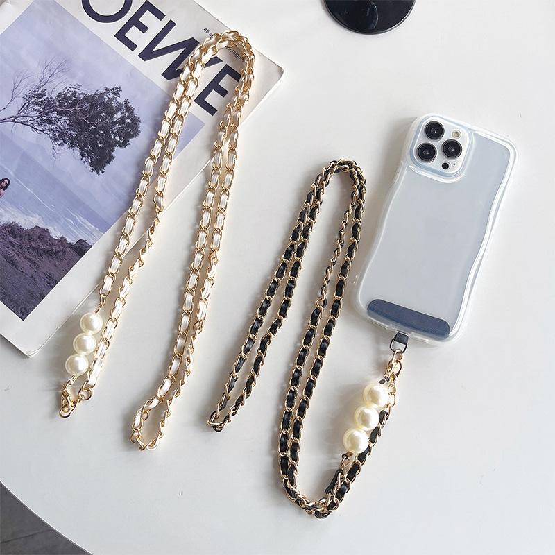 Light Luxury Pearl Leather Rope Electroplated Metal Mobile Phone Lanyard Messenger Chain Neck Decoration Diy Accessories Advanced Sense