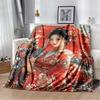Traditional Japanese Geisha Floral Print Flannel Blanket, Red Kimono & Umbrella Throw Blanket