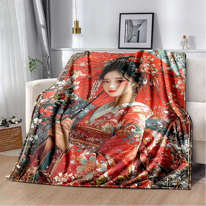 Traditional Japanese Geisha Floral Print Flannel Blanket, Red Kimono & Umbrella Throw Blanket