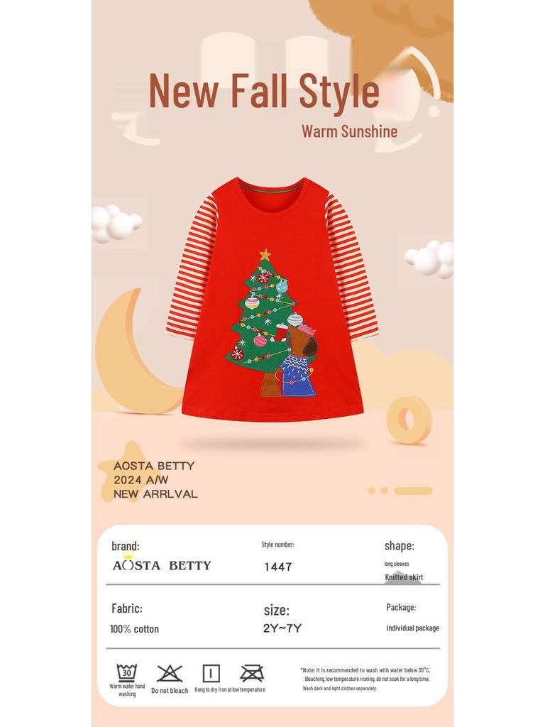 European and American Style Autumn Girls' Cute Christmas Tree Patchwork Dress, Long for Small To Medium Children
