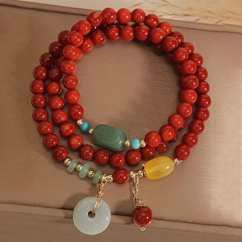 Women s Retro Ethnic Style Red Agate Beaded Bracelet with Jade Pendant