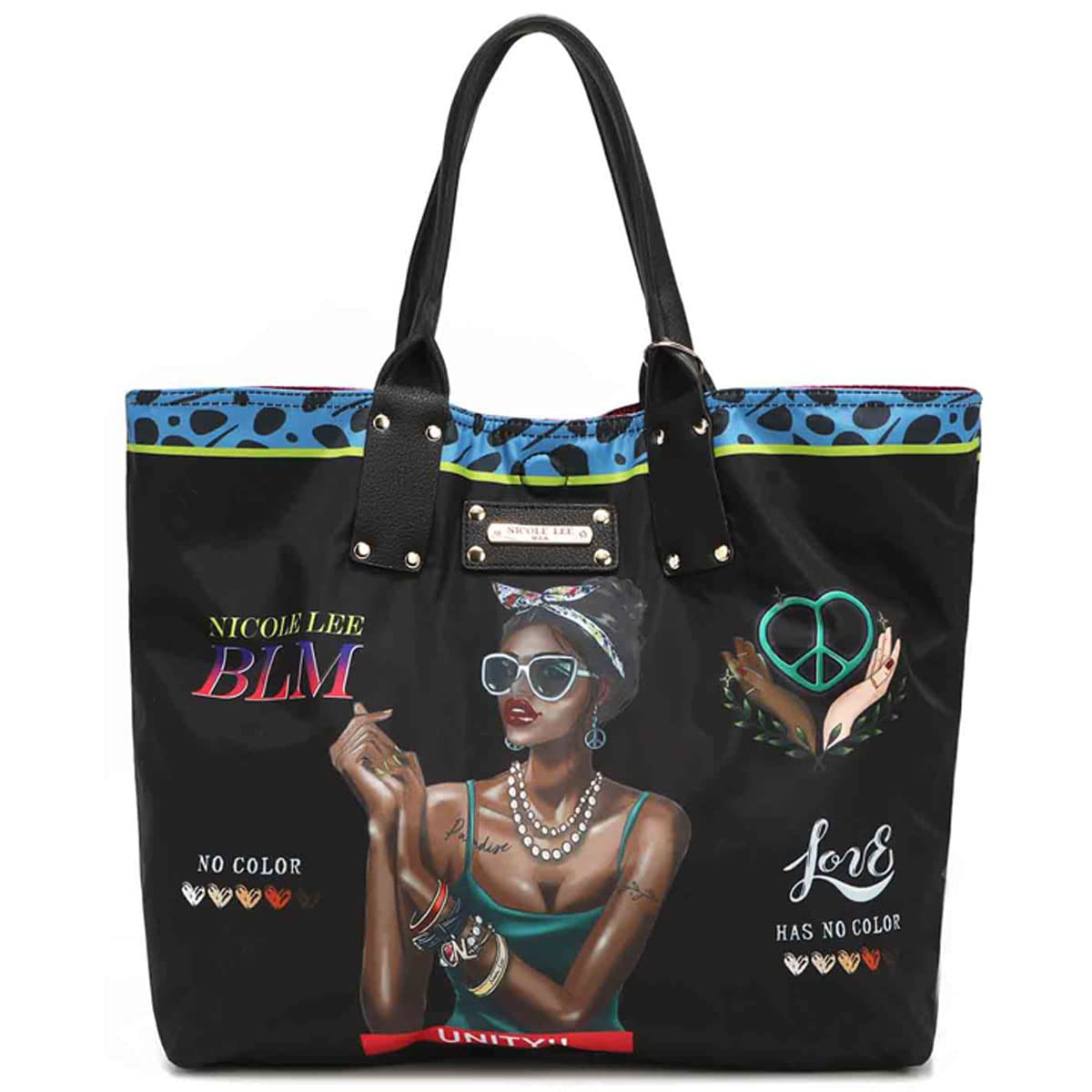 

NICOLE LEE P15435 LATOYA LOVES WHO SHE IS Reversible Tote Bag Metallic Illustration Art Bag Vegan Leather Vegan White Nylon Logo Large Eco Bag білий