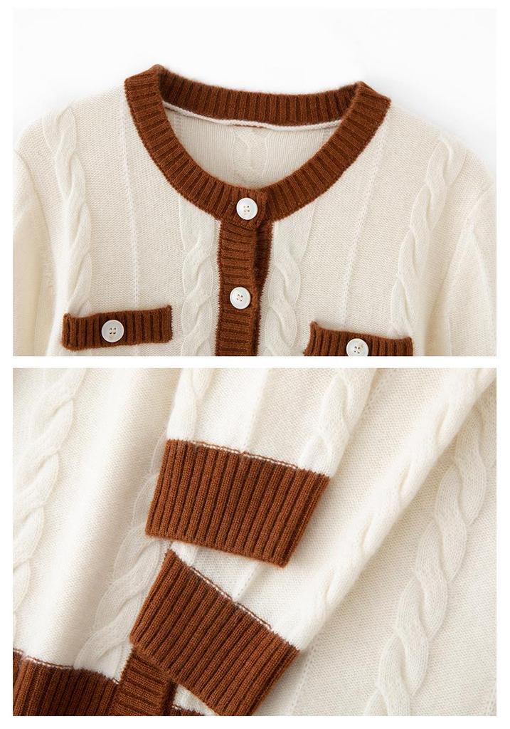 Women's Thick Cashmere Color Block Cardigan Sweater - Autumn/Winter Collection, Loose Fit, Round Neck