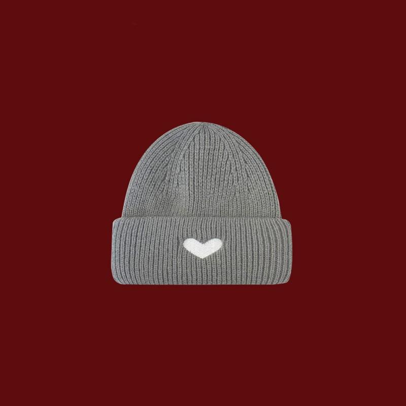 Sweet Heart Embroidery Knit Beanie Women Warm Winter Hat Adjustable Cute Student Cap