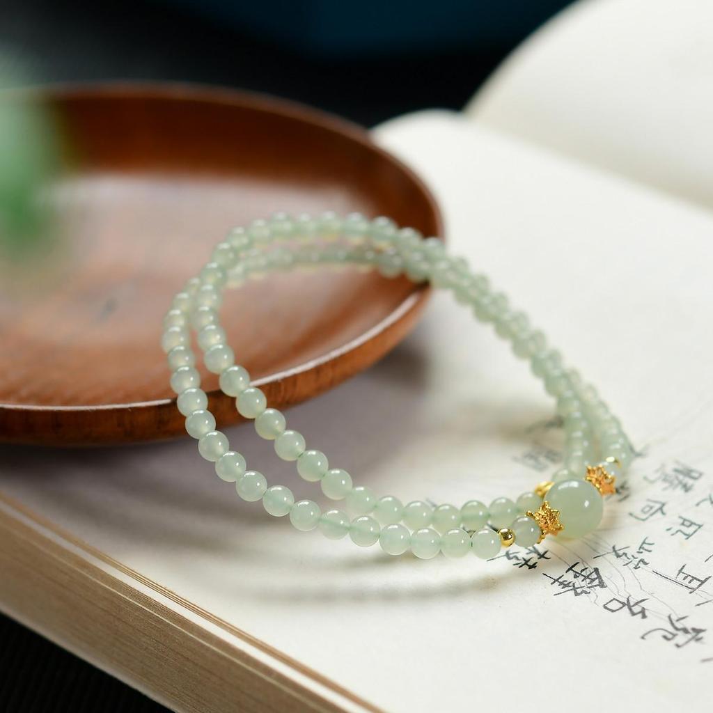 Fresh Hetian Jade & 925 Silver Double Circle Bracelet with Luck Beads