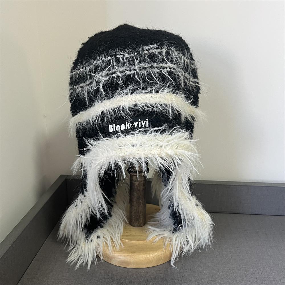 Contrast Color Neck Plush Hat Women's Autumn and Winter Warm Ear Protection Knitted Hat Big Head Circumference Fashionable and Cute Headgear