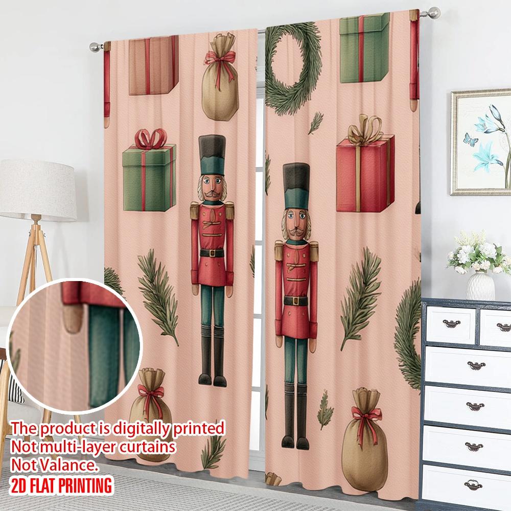 2pcs 2D flat printing Christmas Curtains Christmas Nutcracker Gift Wreath Digital Printed Polyester Drapes Family Party Use for