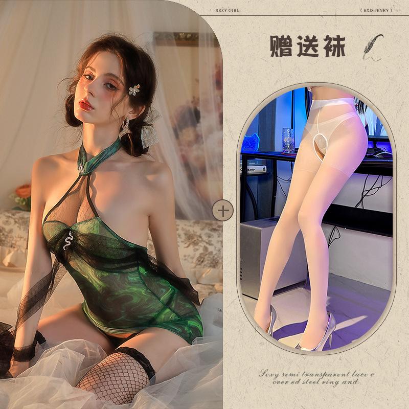 Fairy green snake cheongsam cos sexy stand-up collar hanging neck silk see-through hip wrap uniform reticulated dress