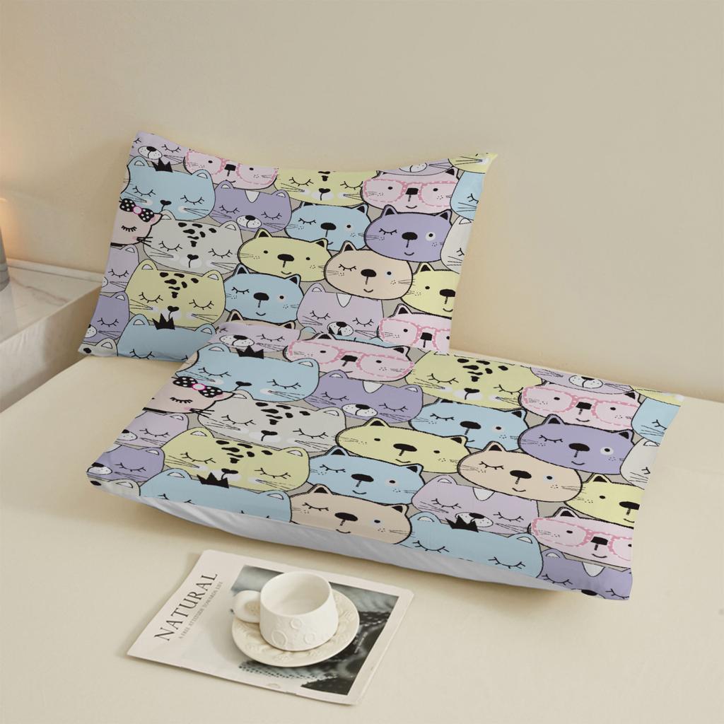 3pcs Fitted Sheet Set Colorful Cats Pattern Print Design  Durable Bed Sheet With Pillowcases For Bedroom Decor
