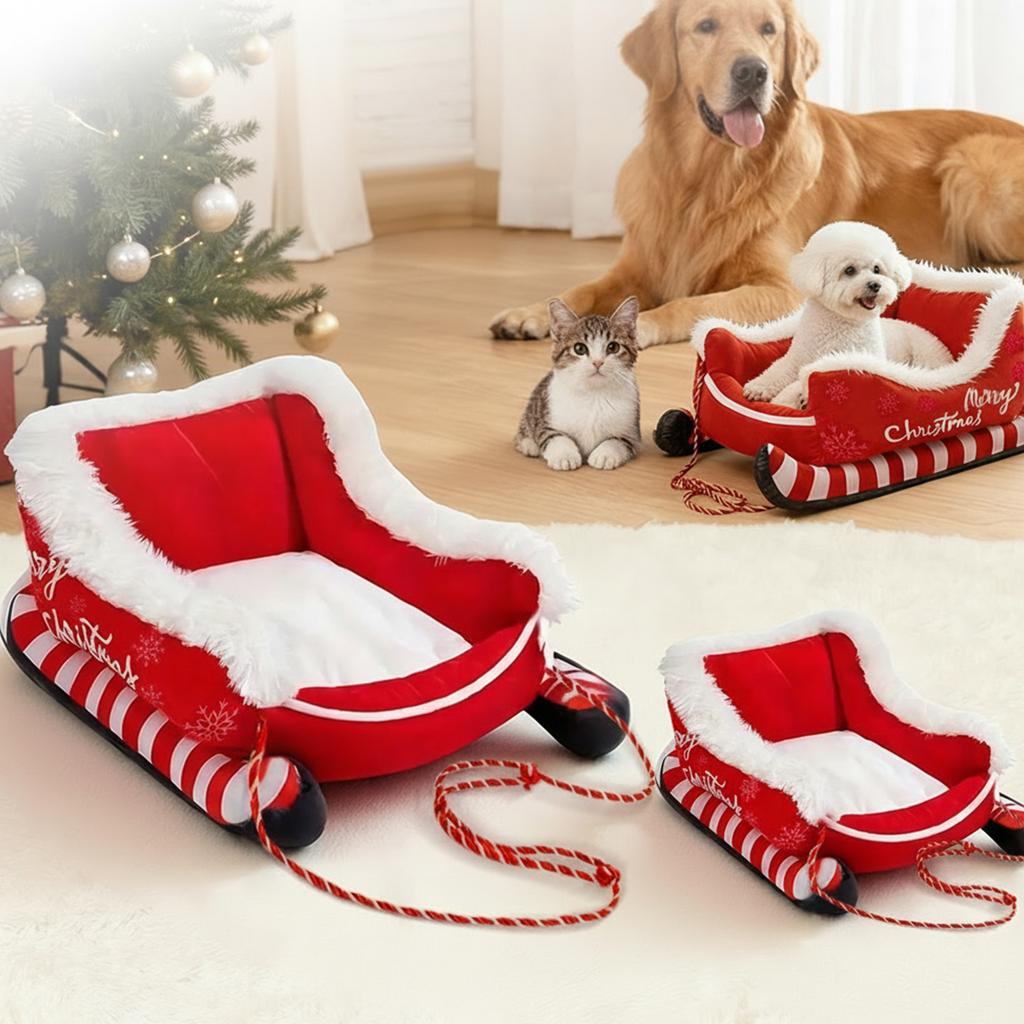 Christmas Sleigh Bed Removable Washable Plush Pet Warm Sofa with Non-Slip Base Christmas Cat Dog Nest for Winter Indoor Outdoor