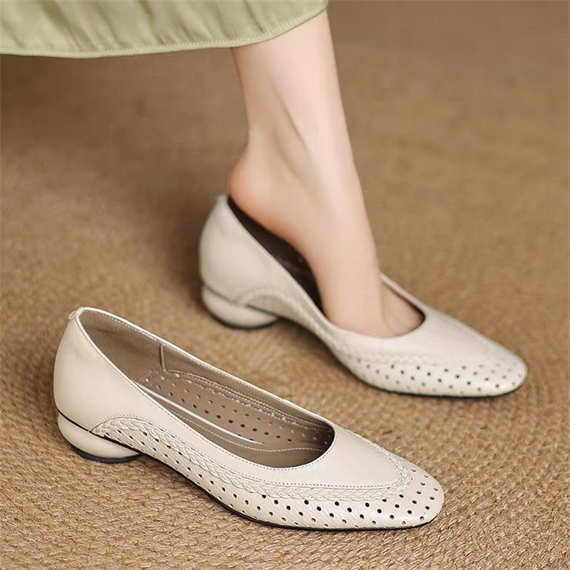 2025 summer French square head hollow breathable thick heel shallow mouth single shoes women's middle heel bag head sandals soft leather hole shoes