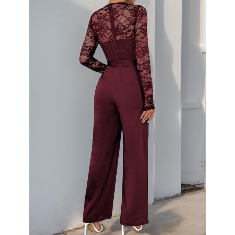 VEZFAA Women's Fashion Casual Spring Fall Solid Color Print Long Sleeve O-Neck High Waist Trousers Jumpsuits & Rompers
