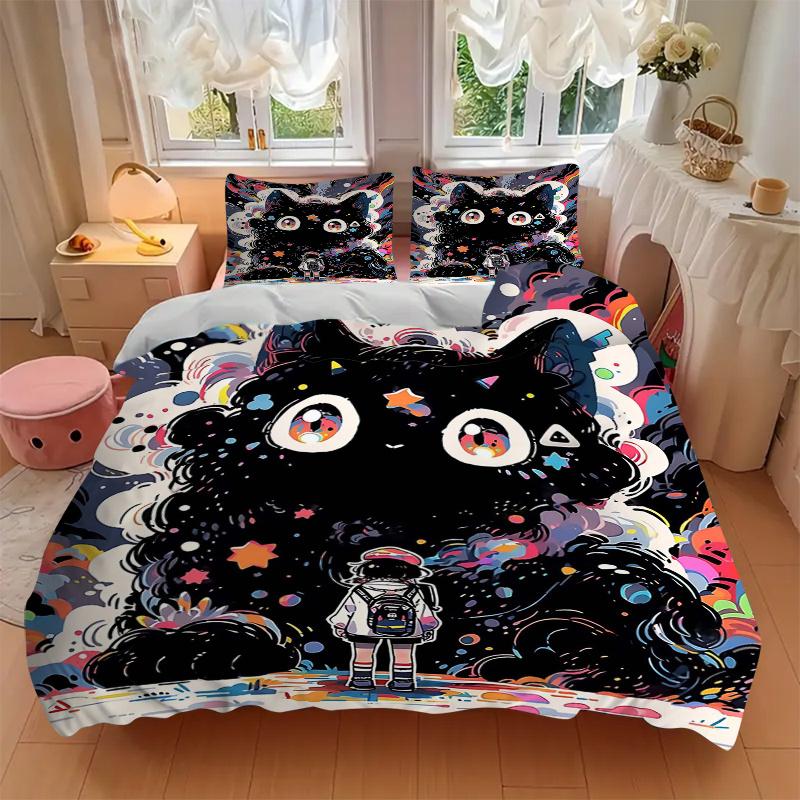 3pcs Giant Colorful Black Cat Print Bedding Set (1 Cover + 2 Pillowcases, Without Inserts), This Printed Bedding Set Is Soft and Comfortable