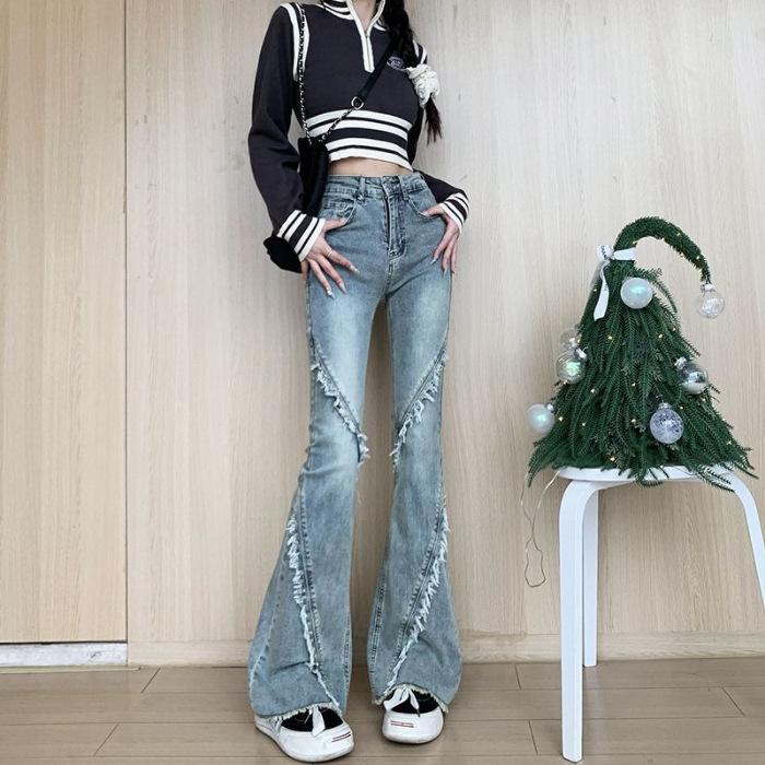 

Винтажные брюки, джинсы из микро-джинса для женщин, весенне-осенние эластичные брюки-клеш с высокой талией в стиле ретро M