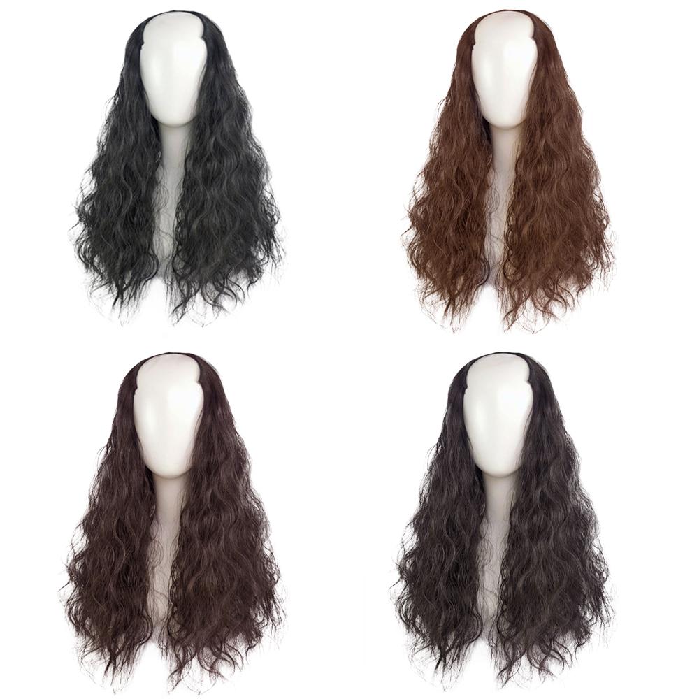 Bybrana V-formede hårforlengelser vann krusninger svart brunt syntetisk hår parykker